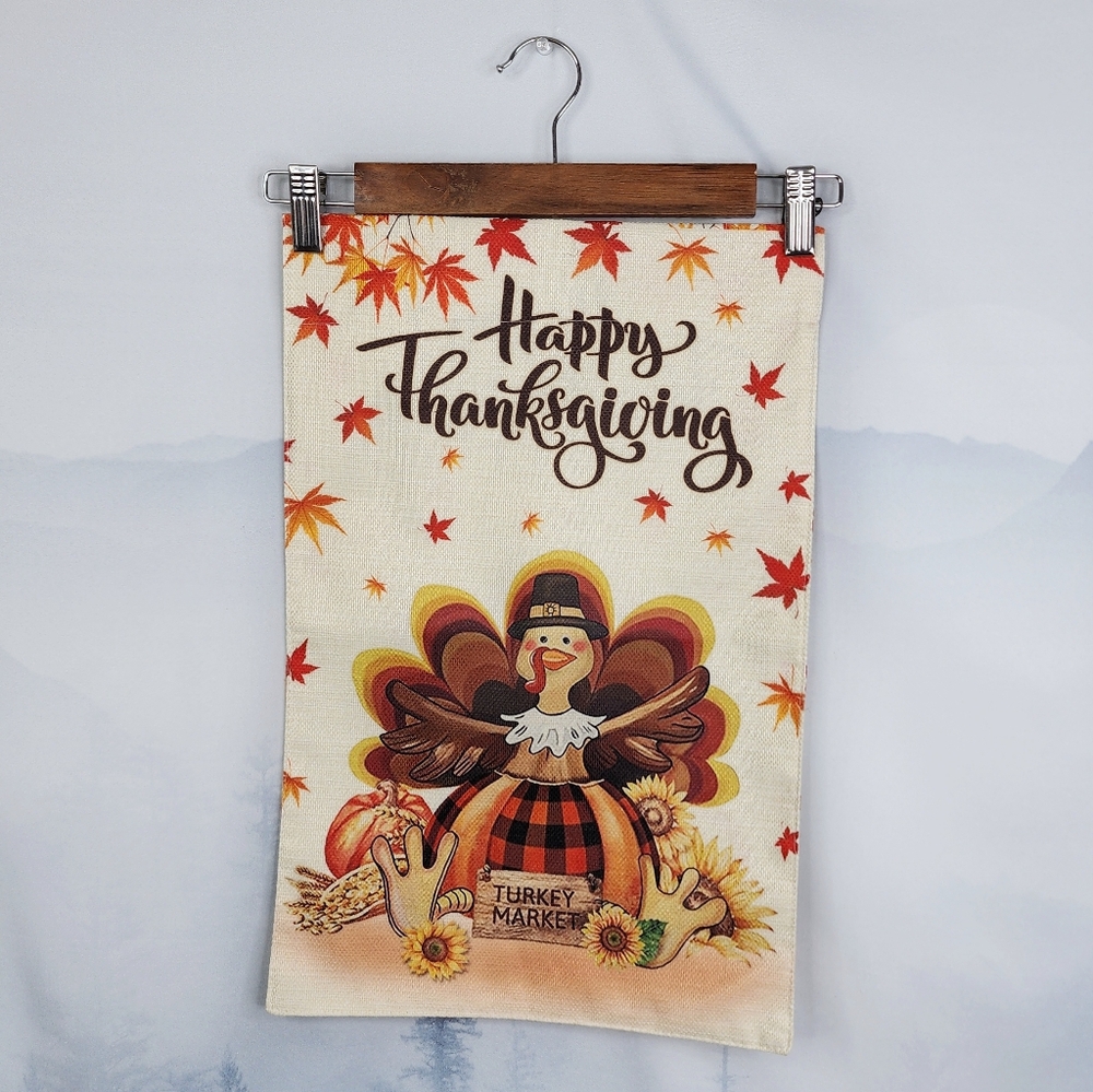 Happy Thanksgiving Turkey Fall Leaves Garden Flag Double Sided NWOT